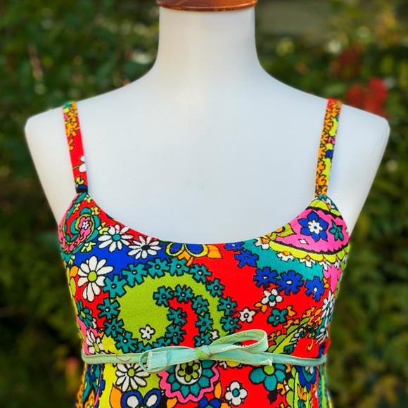 1970s Lemon Frog Bark Cloth Tankini Swim Set - Picture 5 of 11